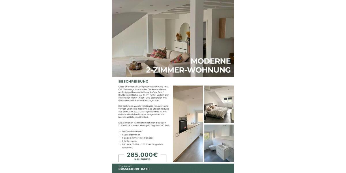 Etagenwohnung Düsseldorf Stadtbezirk 6 - 2 Zimmer, 74 m&sup2;, 285.000&euro; | Angebot:26414887