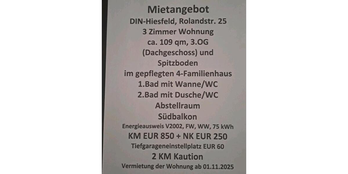 3 Zimmer Wohnung. DG. Hiesfeld. Südbalkon. Badewanne. Dusche.TG zimmer