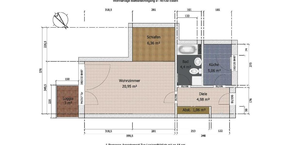 Etagenwohnung Essen Frillendorf - 1.5 Zimmer, 44 m&sup2;, 400&euro; | Angebot:23819914