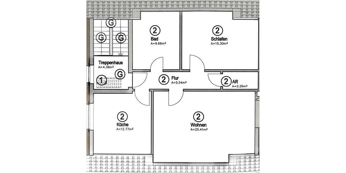 2,5 Z., Küche, Diele, Bad, Abstellraum, WZ, SZ, 67m2, 2OG 2 zimmer