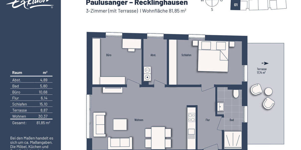 Etagenwohnung Recklinghausen Stadtmitte - 3 Zimmer, 81 m&sup2;, 365.000&euro; | Angebot:24043635