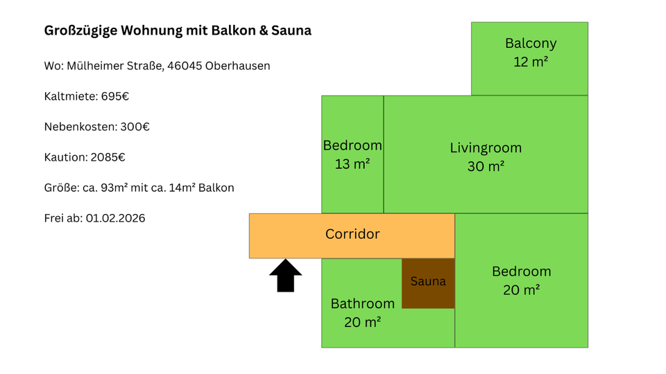 3-Zimmer-Wohnung mit großem Balkon und Sauna in zentraler Lage – 3 zimmer