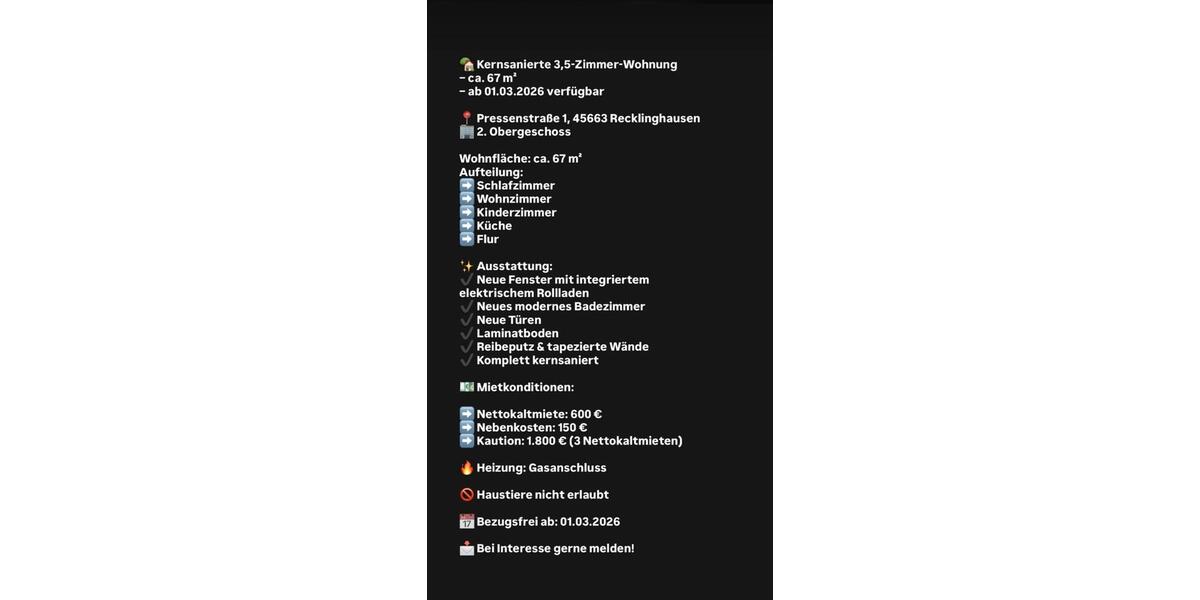 Wohnung zu vermieten in Recklinghausen-Süd 3 zimmer