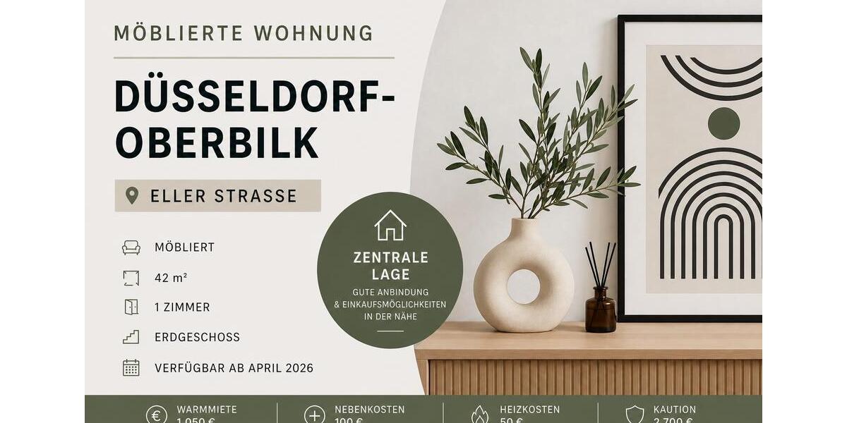 Erdgeschoßwohnung Düsseldorf Oberbilk - 1 Zimmer, 42 m&sup2;, 1.050&euro; | Angebot:26408138